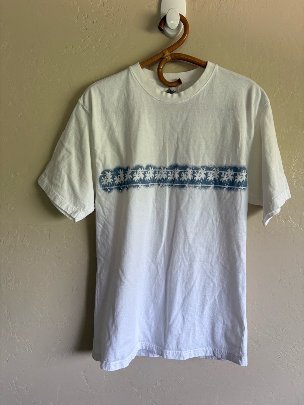 2000s Newport Blue Front Back Palm Tree Print White 100% Cotton T-Shirt Size L